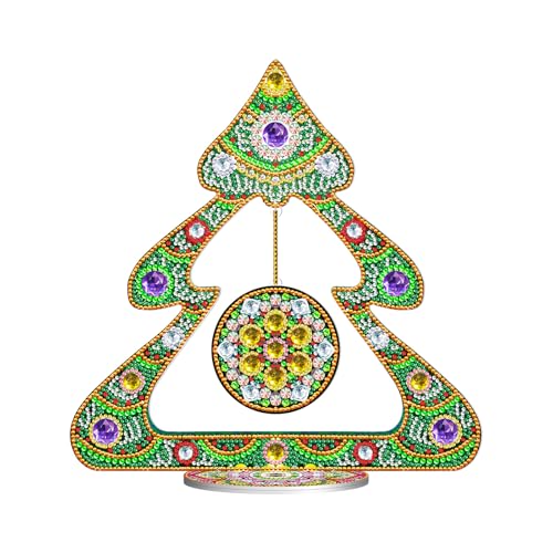 Image of AiYuanzsh Christmas Tree Diamond Art Tabletop Ornament with Hanging Charm, Acrylic Diamond Painting Desktop Decoration Kit, Large DIY Holiday Diamond Art Crafts 11.42 x 11.61 inch