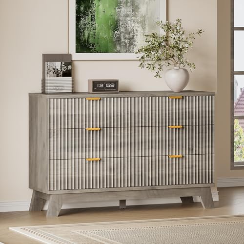 Image of BORNOON Fluted 6 Drawer Dresser, 47.2 inch Wide Modern Boho Chest of Drawers, Wooden Storage Dresser TV Stand for Bedroom, Living Room, Closet, Hallway, Curved Profile Design