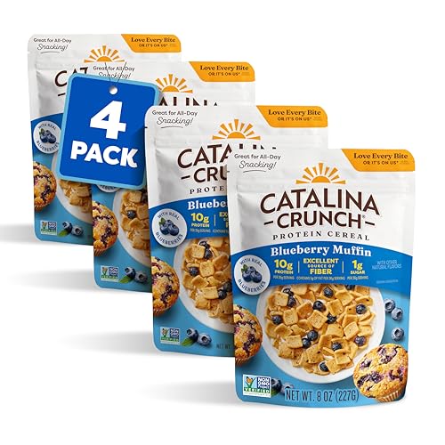 Image of Catalina Crunch Protein Cereal, Blueberry Muffin, 8 oz Bag (Pack of 4) | 10g of Protein, No Added Sugar, Gluten Free, Breakfast Cereal, Packaging May Vary