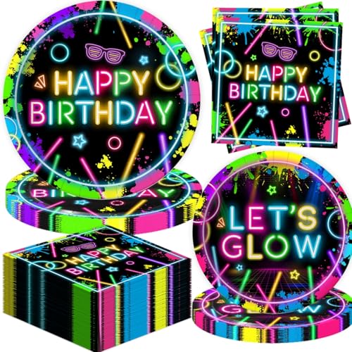 40 Pcs Neon Plates and Napkins Tableware Sets for Neon Party Decorations Birthday Decorations Which Can Serve 20
