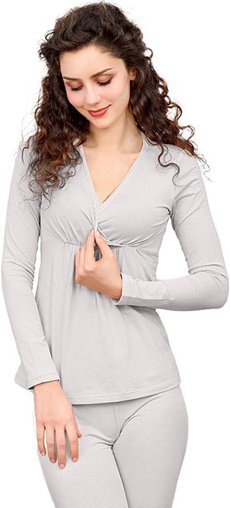 Pigiama Premaman da Donna per Allattamento, Pigiama per Donne Incinte, Pigiama per Ospedale, Manica Lunga, Top, Pantaloni E Pantaloni per L'Allattamento., Grey, L