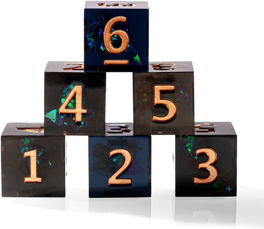 6PCS Polyhedral D6 Dice 16mm Resin Dice Game Dice for RPG MTG DND (Black Green)