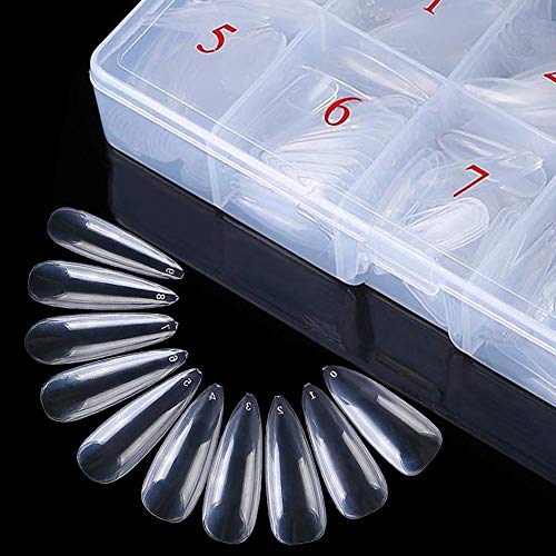 Feugole Long Stiletto Sharp Nail Tips Acrylic Flake Nails Full Cover 500PCS Artificial False Nails Half Tips & Box for DIY Nail Art (Clear)