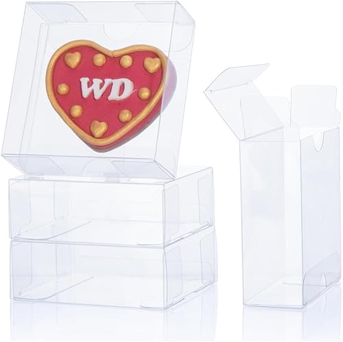 Paquete de 50 cajas de galletas transparentes de 4 x 4 x 1.2 pulgadas con ventana completa, cajas pequeñas de plástico para golosinas, cajas de
