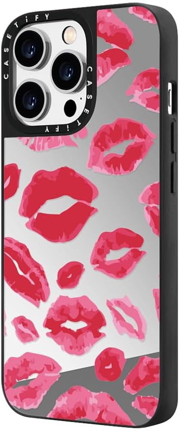 CASETiFY Mirror Case for iPhone 14 Pro Max Compatible with Magsafe - Lipstick Kisses - Silver on Black