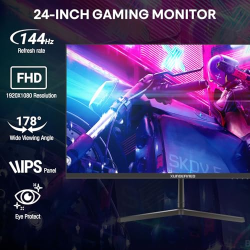 Image of 24 Inch Computer Monitor with Speaker, 144Hz FHD (1920 x 1080) Fast IPS Gaming Monitor, FreeSync, 99% sRGB, 3-Sided Frameless, HDR, Blue light Filter, Tilt, HDMI VGA Port for Gaming, Home, Office