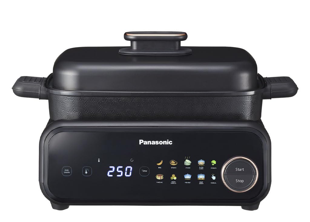 Panasonic NF-GM400 4-in-1 Elektro-Multikocher, Elektro Tischgrill, Braten, Slow Cook, BBQ, Dämpfen, Sautieren, 1400W, 40–250°C, 9 Auto-Modi, 4 Antihaftplatten, Rauchabsaugung, Schwarz