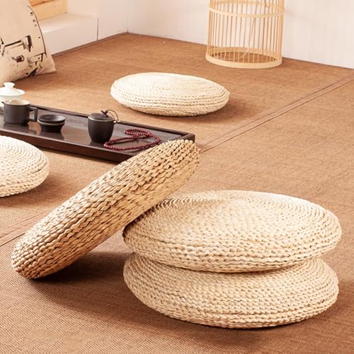 PIDUDU Handgefertigtes gewebtes Bodenkissen, Hockerkissen, rundes Rattan-Sitzkissen, Tatami-Kissen, Yogamatte, dicke Matte, Meditationsmatte, Wurfkissen für Zuhause, Büro, Garten, Innen- und