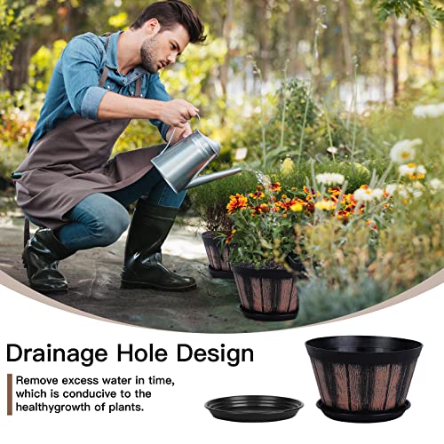 image for Quarut 8 inch Brown Plastic Whiskey Barrel Plant Pots Set of 4 with Dr