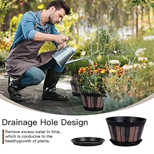 Quarut 8 inch Brown Plastic Whiskey Barrel Plant Pots Set of 4 with Drainage Holes and Saucer for Indoor and Outdoor Garden Home Plants Quarut 8 inch Brown Plastic Whiskey Barrel Plant Pots Set of 4 with Drainage Holes and Saucer for Indoor and Outdoor Garden Home Plants