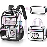 Fimibuke Clear Backpack for Girls, 3PCS Heavy Duty PVC Transparent Kids Backpack for Teen Girls, School, Concert, Stadium Events Approved See Through School Girl Bookbag with Lunch Box & Pencil Case