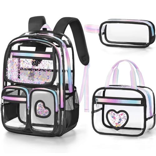 Image of Fimibuke Clear Backpack for Girls, 3PCS Heavy Duty PVC Transparent Kids Backpack for Teen Girls, School, Concert, Stadium Events Approved See Through School Girl Bookbag with Lunch Box & Pencil Case