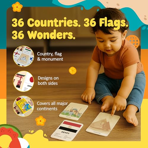 Image of Explore The World Flash Cards for Kids | 36 Countries with Flags, Capitals, Currency, Language & Famous Monuments | Age 3-6 Years | Made in India | BIS Approved