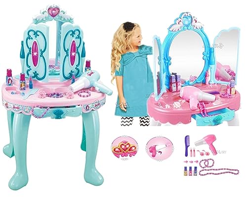 Set di bellezza giocattolo Generico Specchiera Giocattolo per Bambine Specchio con Trousse Trucchi Set Bellezza Gioco con luci e Suoni