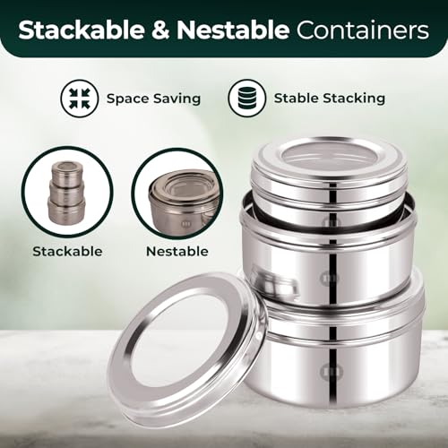 Image of MARU Stainless Steel Dabba Set for Kitchen with Transparent Lids Set of 3 (500ml, 750ml, 950ml), Stackable See-Through Containers for Everyday Use, Ideal for Storing Food, Snacks, Chapati & More