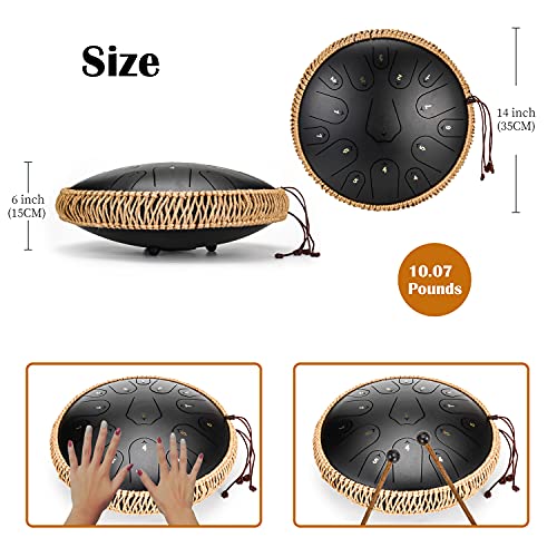 14 Inch 15 Note Steel Tongue Drum Qingshi Percussion Instrument Hand Pan Drum with Drum Mallets Carry Bag,Used for music education concert spiritual healing yoga meditation (14 Inch 15 Note-Black)