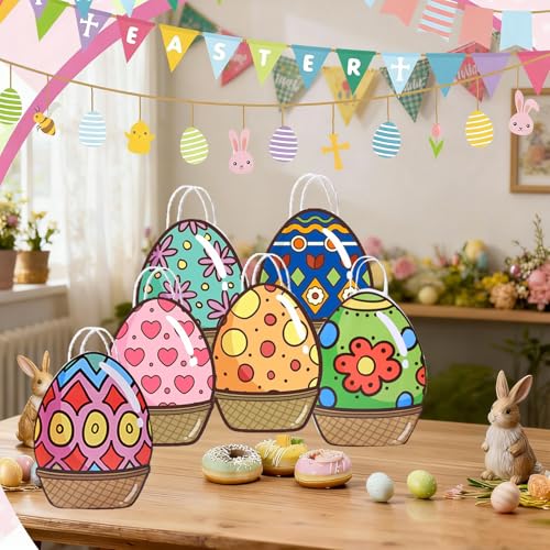 6 Stück Geschenktüten Ostern, Ostereier Taschen, Ostertüten Papiertüten mit Henkel, Ostereiersuche-Taschen, zum Verpacken von Geschenken, Eiersuche