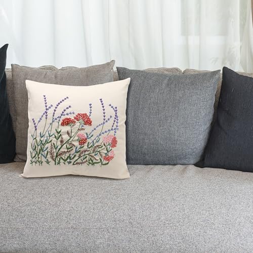 Image of 2 Set of Embroidery Pillow Kit Including Pillowcase Cover Cushion Case with Large Drawings and Zipper, Threads, Needles & Instruction Kits for Lace Crewel Craft, No Pillow Core (Lavender)