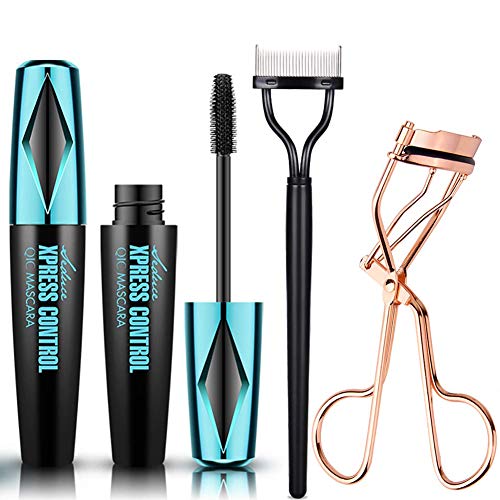 2 PCS 4D Silk Fiber Lash Mascara & Eyelash Curler Kit and Eyelash Comb,4D Mascara Best for Thickening & Lengthening,Waterproof，Long-Lasting，Lasting All Day,Smudge Proof Eyelashes mascara