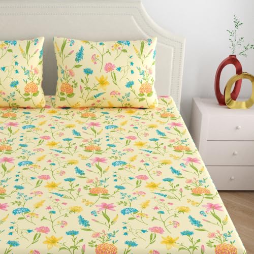 Image of Home Ecstasy 100% Cotton Double Bedsheet with 2 Pillow Covers - (Size 87 x 98 inches, 140 TC, Colour - Cream)