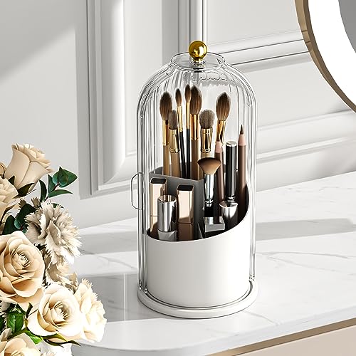 Image of GAXmi Makeup Brush Holder with Lid Cosmetic Tools Organizer 360 Rotating Waterproof Dustproof Beauty Brushes Storage for Vanity, Transparent
