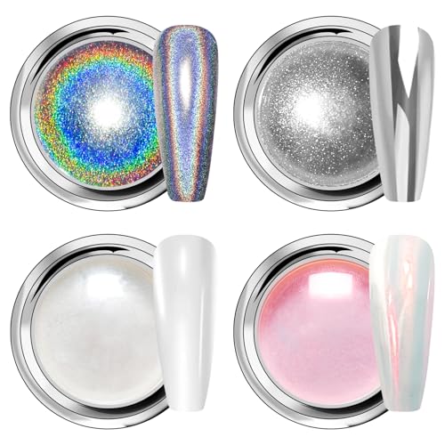 Nacrée Poudre Chrome Ongle - Rose Effet Féerique Pigment Ongle, Aurora Holo Poudre Ongle Argent Miroir Métal Effet Paillettes Poudr Blanc Transparent pour...