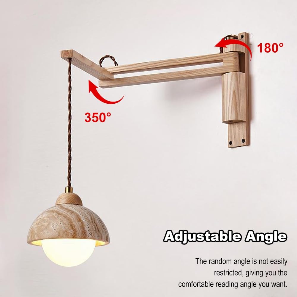 Aplique de pared de madera, pantalla de travertino amarillo | Lámpara de pared Wabi Sabi de estilo japonés, lámpara de pared de mármol moderna de mediados de siglo for cabecera(B)