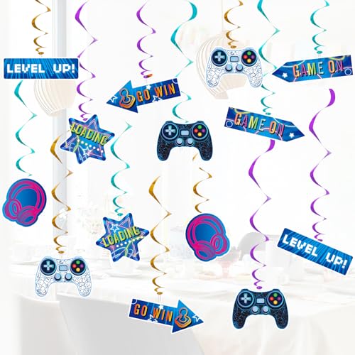 WERNNSAI Video Game Hanging Swirls - 21 PCS Video Game Party Decorations for Kids Boys Gamer Birthday Party Ceiling Window Door Decors Hanging Whirls Streamers for Gaming Night Party Supplies