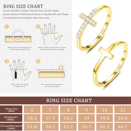 18K Gold Plated Cross Ring 925 Sterling Silver Rings Wedding Band for Women Cubic Zirconia Jewelry Promise Bands Gold Rings for Her Size 6 to 102
