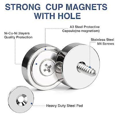 MIKEDE 12Pack Rare Earth Magnets with Hole, 40lbs Force Neodymium Cup Magnets with Countersunk Hole and Steel Capsule, Powerful Industrial Strength Strong Magnet with Screws for Mounting,0.79x0.2inch