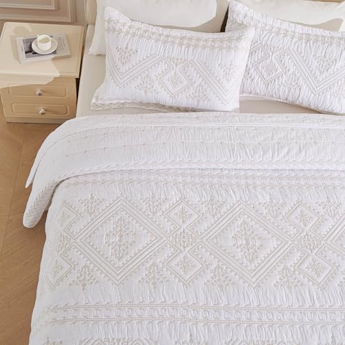 LEAONME 100% Cotton 3-Piece Quilt Set White Full Queen Size Lightweight Bedspread Coverlet 90''x98'' Soft Luxurious Embroidered Bedding Set for All Seasons (1 Quilt, 2 Pillow Shams)
