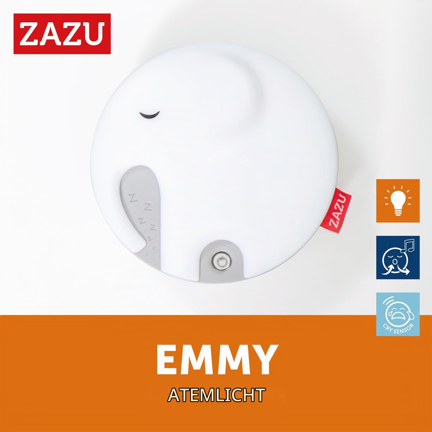 Zazu - Emmy der Elefant Atemlicht mit Nachtlicht & Musikbox - Entspannendes rotes Licht, Weißes Rauschen, Schlaflieder - Automatisches Ein-/Ausschalten - Baby-Schlafhilfe