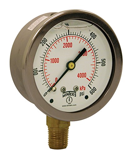 Image of Winters 2-1 /2 inch Dial Size, Liquid Filled Industrial Pressure Gauge, Brass Internals, 304 Stainless Steel Case, Single Scale 0-600 psi, 1.5% Acc, 1 /4 inch NPT Bottom Mount, Glycerin Filled Pressure Gauge