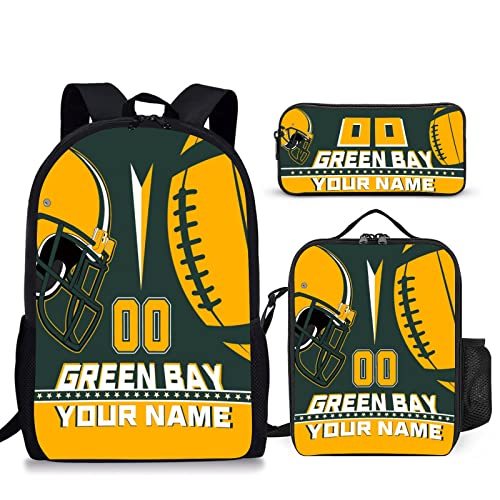 Custom Green Bay Backpack with Lunch Bag Pencil Case Personalized Name Number 3 Piece Set Gifts for Men Women