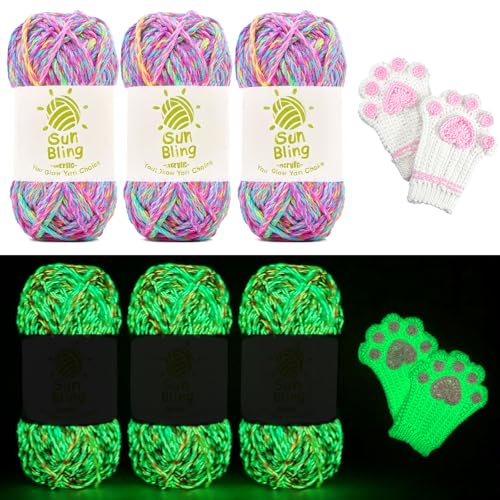 Crochet Yarn Glow in The Dark SunBling Luminous 3 Pack of 5.29Oz/230Yards Acrylic Yarn for Handicraft Knitting Light#3 Worsted Yarns Ideal for Beginners Adult DIY Birthday Gifts for Women (Rainbow)