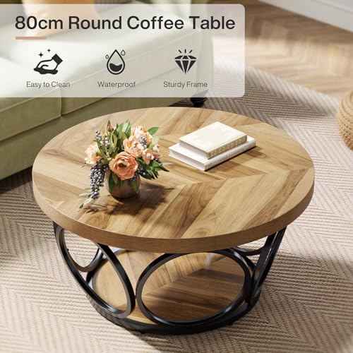 Tribesigns Table Basse Ronde 2 Niveaux, Table de Salon Bois 80 cm, Structure en métal, T-Able Ronde Bois, Plateau Épaissi, Facile à Monter Industriel (Grain du Bois) – Image 6