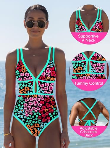 Image of popvil Women One Piece Swimsuit 2026 Tummy Control Sexy Cutout Neon Color Block Bathing Suit Slimming Adjustable Swimwear