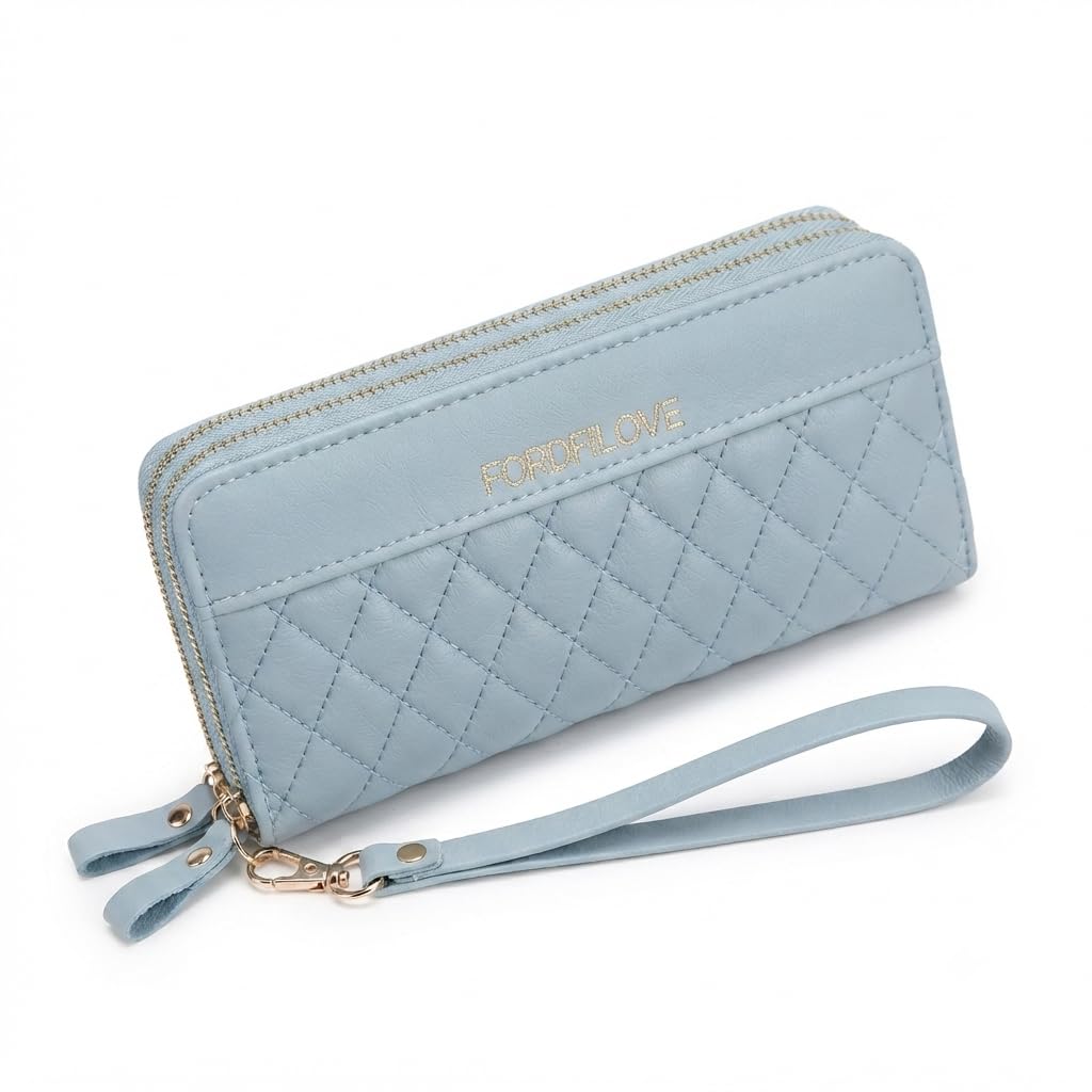 Fordfilove Girls Double Zipper PU Leather Wallet Clutch Purse (Blue)-image-14
