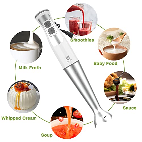 Immersion Hand Blender, UTALENT 5-in-1 8-Speed Immersion Blender with 500ml Food Grinder, 600ml Container,Milk Frother,Egg Whisk,Puree Infant Food, Smoothies, Sauces and Soups - White image 6