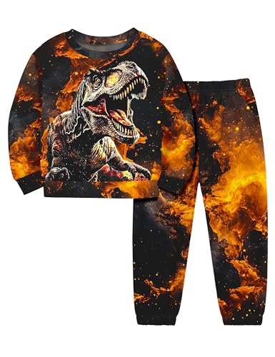 Image of Boys Clothes, T-Rex Print Dinosaur Boy Clothes Fall Winter Outfits Long-sleeved Hooded Sweatshirt Pants 2Pcs Set