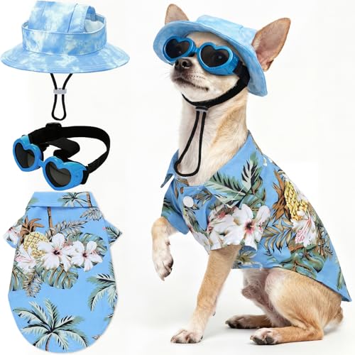 Sunnymove Small Summer T-Shirts Set Include Adjustable Pet Hat with Ear Holes Breathable Hawaiian Dog Shirt Heart Shape Sunglasses Beach Outfit Set for Puppy Small Medium Pets Dog Cat(Blue S)