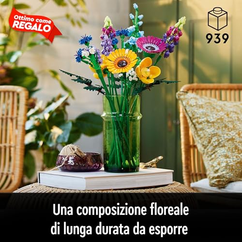 Botanicals Bouquet Fiori Selvatici Finti con Papaveri e Lavanda Artificiali, Idee Regalo per Uomo o Donna della Collezione Botanica, Decorazione di Casa, Hobby Creativi per Adulti - 10313 - Lego - Immagine 1