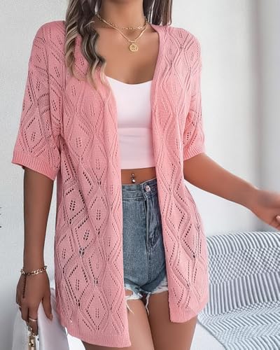 Image of Sulozom Crochet Summer Cardigans for Women Lightweight Short Sleeve Open Front Kimono Boho Beach Vacation Clothes