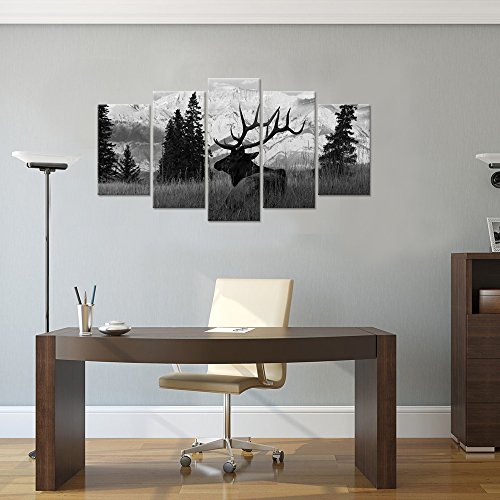 Homeoart Elk Pictures Wildlife Animal Painting Canvas Prints Black And White 5 Panels Artwork Stretched Framed Living Room Home Wall Decor #TOP1