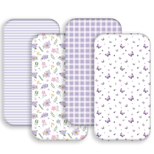 Image of 4 Pack Butterfly Baby Crib Sheets for Baby Girls Purple Crib Fitted Sheets for Standard Size Crib and Toddler Mattress Soft and Breathable (Bassinet)
