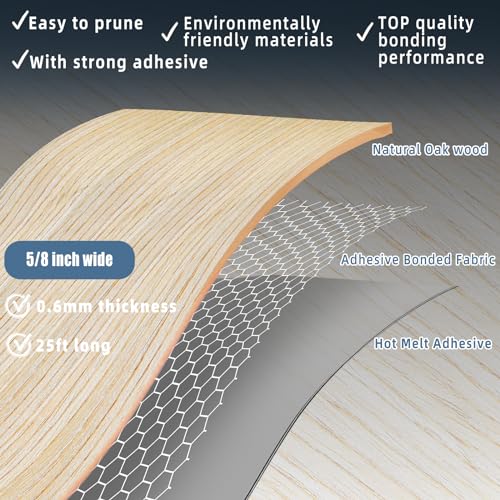 Image of Oak Edge Banding, 5 /8 inch x 25ft roll of Veneer Edge Banding, Pre-glued Flexible Real Wood Tape Banding for Cabinet Repair Furniture Restoration