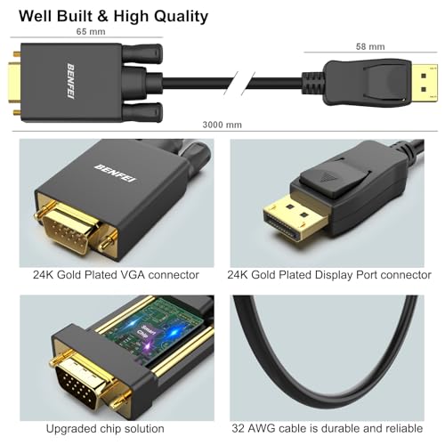 Image of BENFEI DisplayPort to VGA 10 Feet Cable, Uni-Directional DP DisplayPort Computer to VGA Monitor Cable Male to Male Gold-Plated Cord Compatible with Lenovo, Dell, HP, ASUS and Other Brand