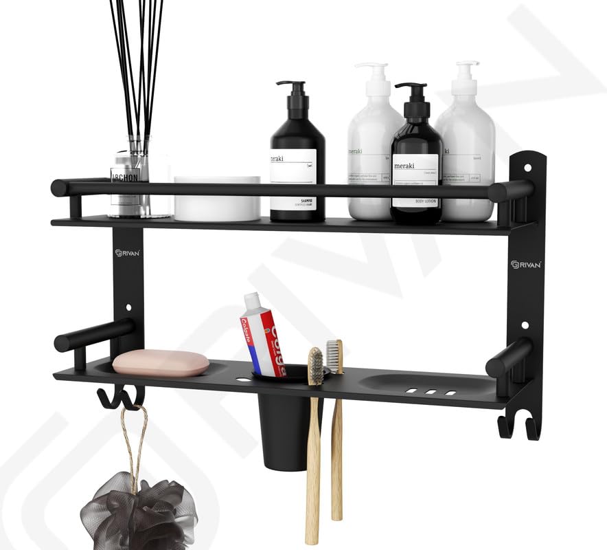 GRIVAN 5 in 1 Heavy-Duty Stainless Steel Bathroom Shelf Racks with Dual Soap Holder,Toothbrush Holder and Tumbler for Bathroom Accessories and Fittings (Black Matte) (Image - 5)