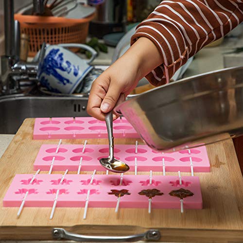 3 Pack Silicone Lollipop Molds,Sonku 12 Cavity Round Cherry Blossoms Swirl Chocolate Hard Candy Mold with 60 Pcs Sucker Sticks - Thumbnail 2