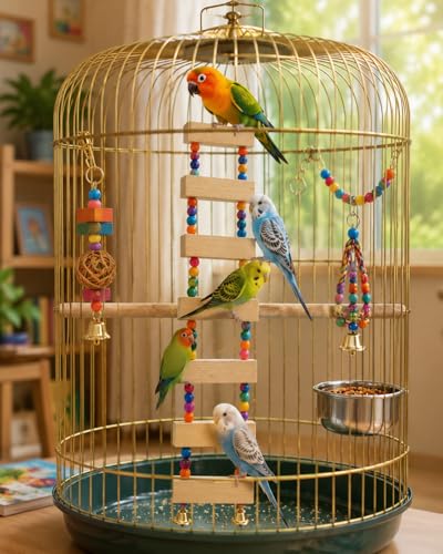Image of Raindrops Bird Ladder Toy for Cage - Wooden Climbing Ladder with Colorful Beads & Bell|Bird Enrichment Toy for Budgies|Lovebirds & Small Birds|Training aid Toy (Heigth14 inch)